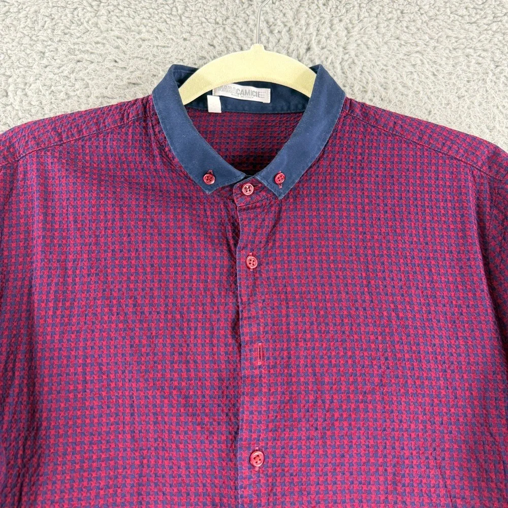 Nara Camicie Button Down Shirt Mens Small Red Blue Micro Check Seersucker Italy